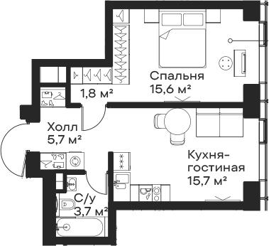 2-комн., 42.5 м², 6/59 этаж, ЖК «Сити Бэй»