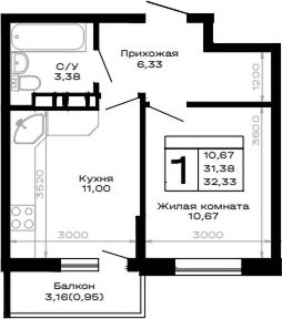 1-комн., 31.38 м², 11/16 этаж, ЖК «Горные высоты»