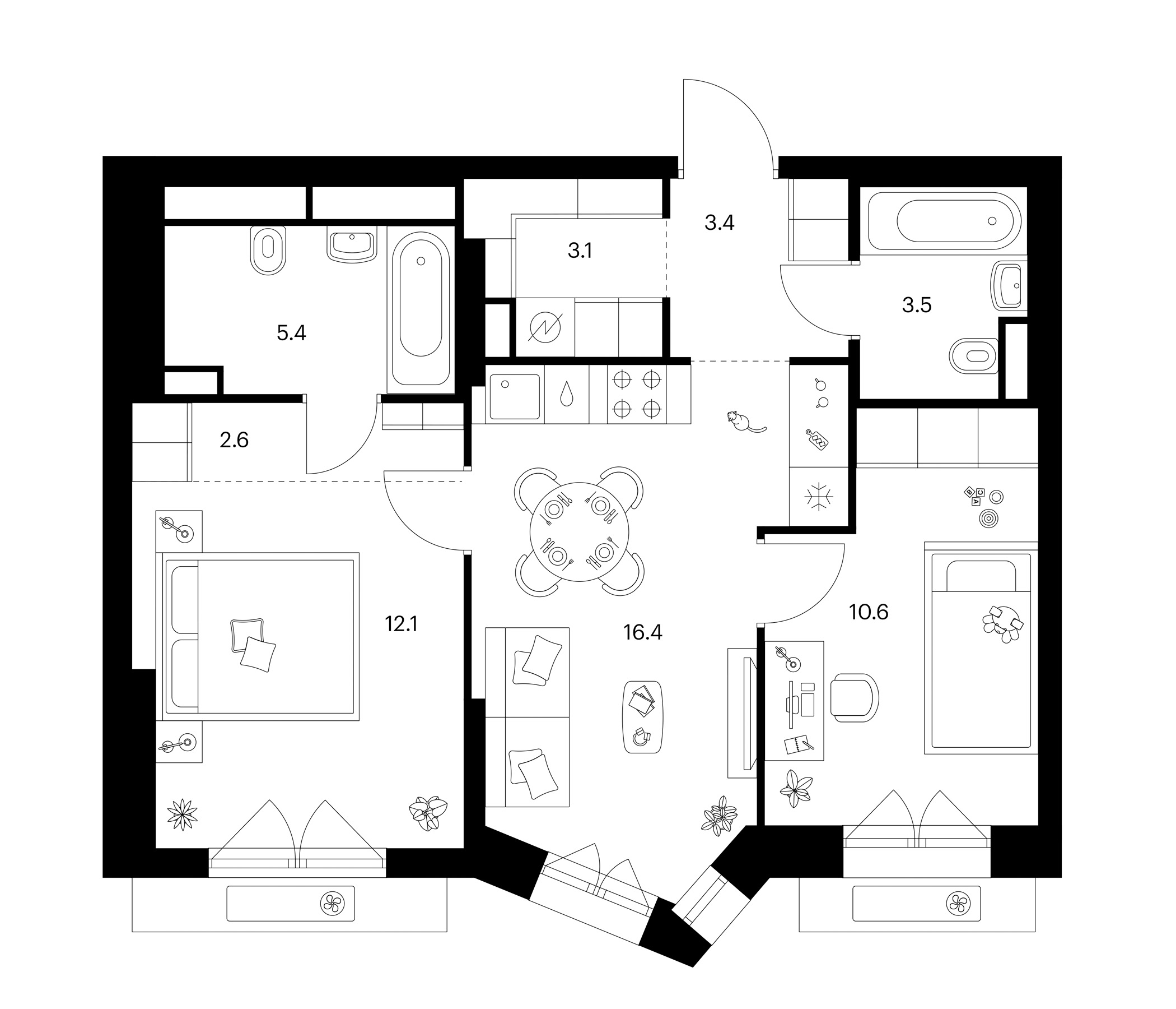 2-комн., 57.1 м², 23/23 этаж, ЖК «Мичуринский парк»