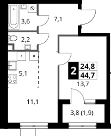 2-комн., 42.8 м², 6/18 этаж, ЖК «1-й Ясеневский»