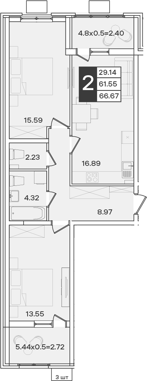 2-комн., 61.55 м², 2/18 этаж, ЖК «Сюжеты»