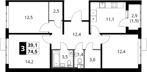 3-комн., 73 м², 9/16 этаж, ЖК «1-й Шереметьевский»