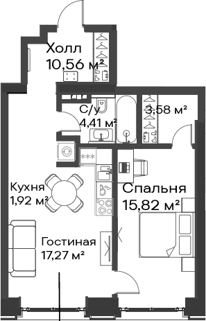 2-комн., 53.56 м², 3/15 этаж, ЖК «Сити Бэй»