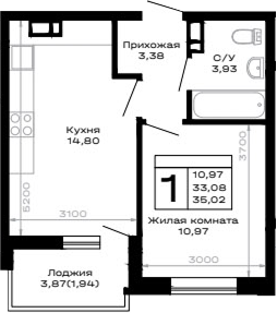 1-комн., 33.08 м², 9/16 этаж, ЖК «Горные высоты»