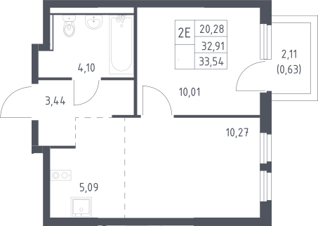 2-комн., 32.87 м², 15/17 этаж, ЖК «Пригород Лесное»