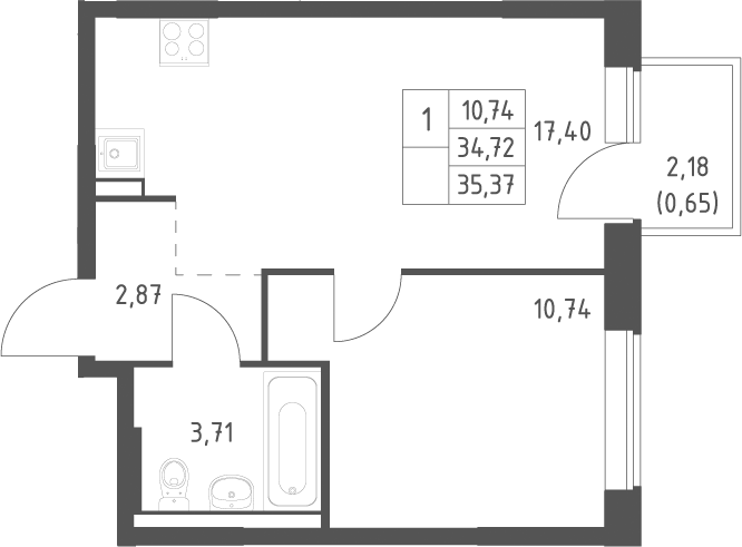 2-комн., 34.72 м², 6/12 этаж, ЖК «Большое Юрлово»