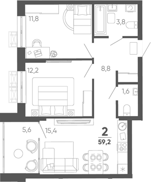 2-комн. квартира, 53.6 м² в ЖК Барса — фото 2