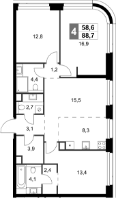 4+ комнаты, 88.7 м², 44/47 этаж, ЖК «Амбер Сити»