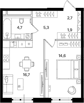 1-комн., 45.9 м², 5/12 этаж, ЖК «Мангазея на Речном»