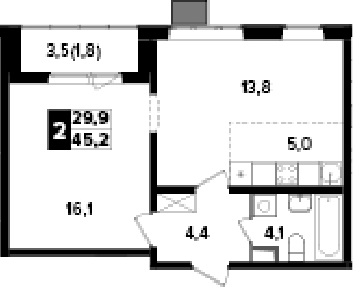 2-комн., 43.4 м², 2/24 этаж, ЖК «Южная Битца»