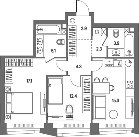 3-комн., 63.3 м², 25/39 этаж, ЖК «КОД Сокольники»