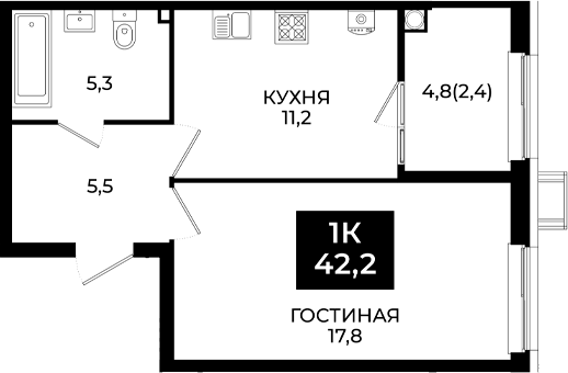 1-комн., 39.8 м², 2/24 этаж, ЖК «Первый. ГК ЮгСтройИнвест»