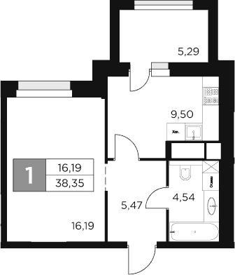 1-комн., 35.7 м², 13/15 этаж, ЖК «Восток 2»