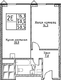 2-комн., 50.5 м², 24/29 этаж, ЖК «Наметкин Тауэр»