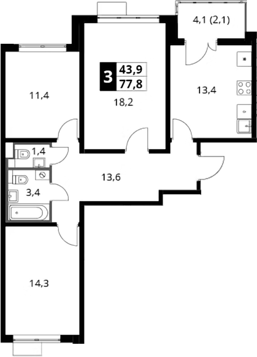 3-комн., 75.7 м², 16/22 этаж, ЖК «Южная Битца»