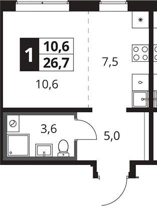 Студия, 26.7 м², 23/25 этаж, ЖК «1-й Южный»