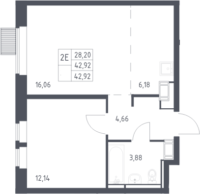 2-комн., 42.92 м², 5/17 этаж, ЖК «Большое Путилково»