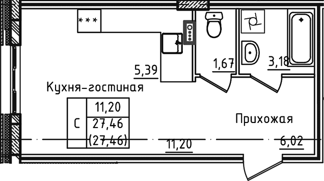 Студия, 27.46 м², 1/5 этаж, ЖК «Зеленый город»