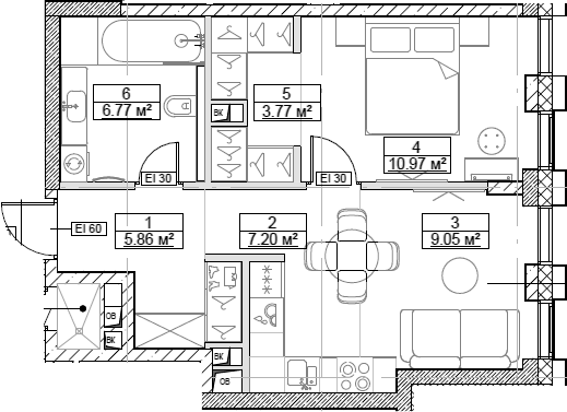 2-комн., 43.62 м², 6/26 этаж, ЖК «Сити Бэй»