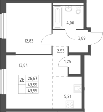 2-комн., 43.55 м², 6/11 этаж, ЖК «Горки Парк»