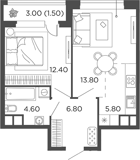 2-комн., 43.4 м², 10/22 этаж, ЖК «Филатов Луг»