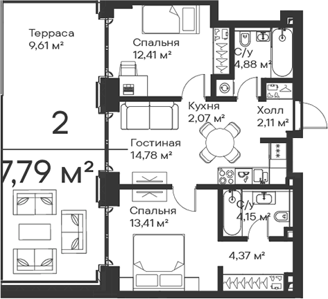 3-комн., 58.18 м², 2/15 этаж, ЖК «Сити Бэй»