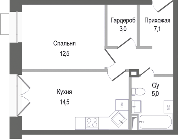 1-комн., 42.1 м², 2/4 этаж, ЖК «Киноквартал»