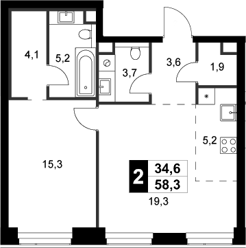 2-комн., 58.3 м², 29/58 этаж, ЖК «Амбер Сити»