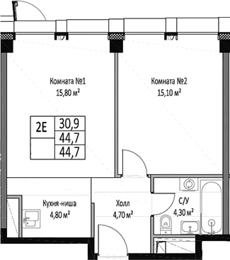 2-комн., 44.7 м², 24/27 этаж, ЖК «ЭМОУШН»