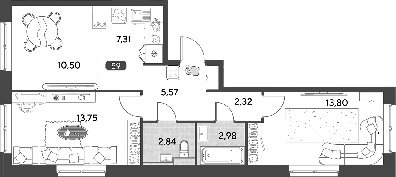 3-комн., 59.07 м², 9/25 этаж, ЖК «Космопарк»
