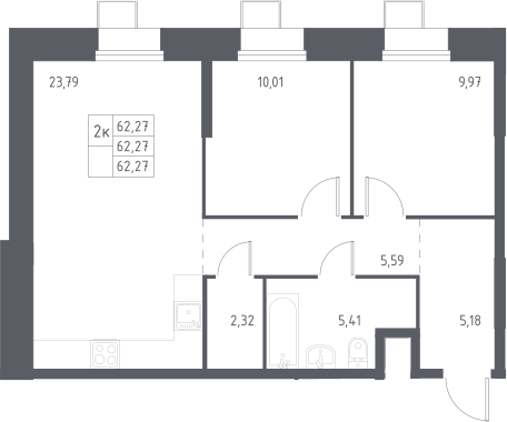 3-комн., 62.27 м², 2/23 этаж, ЖК «Тропарево Парк»