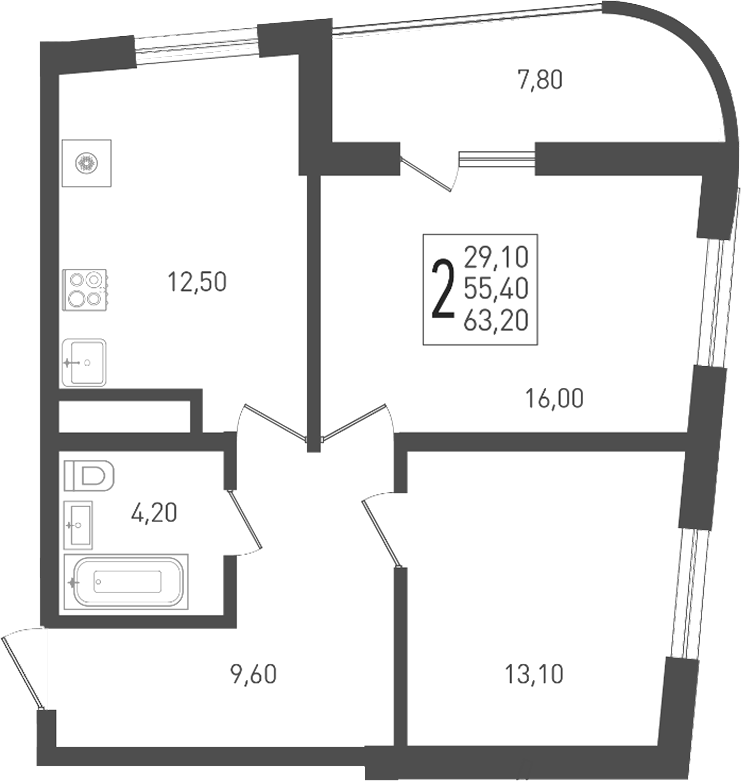 2-комн. квартира, 55.4 м² в ЖК ЖК «Кубанская Крепость» — фото 2