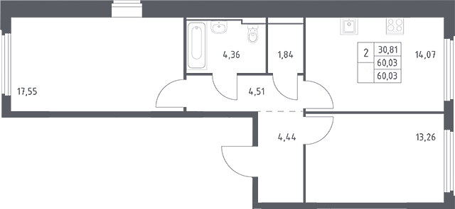 2-комн., 60.03 м², 15/16 этаж, ЖК «Космический Квартал»
