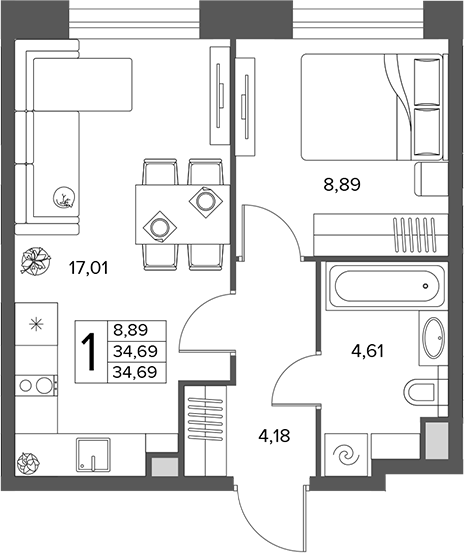 2-комн., 34.69 м², 2/16 этаж, ЖК «Городской бор»