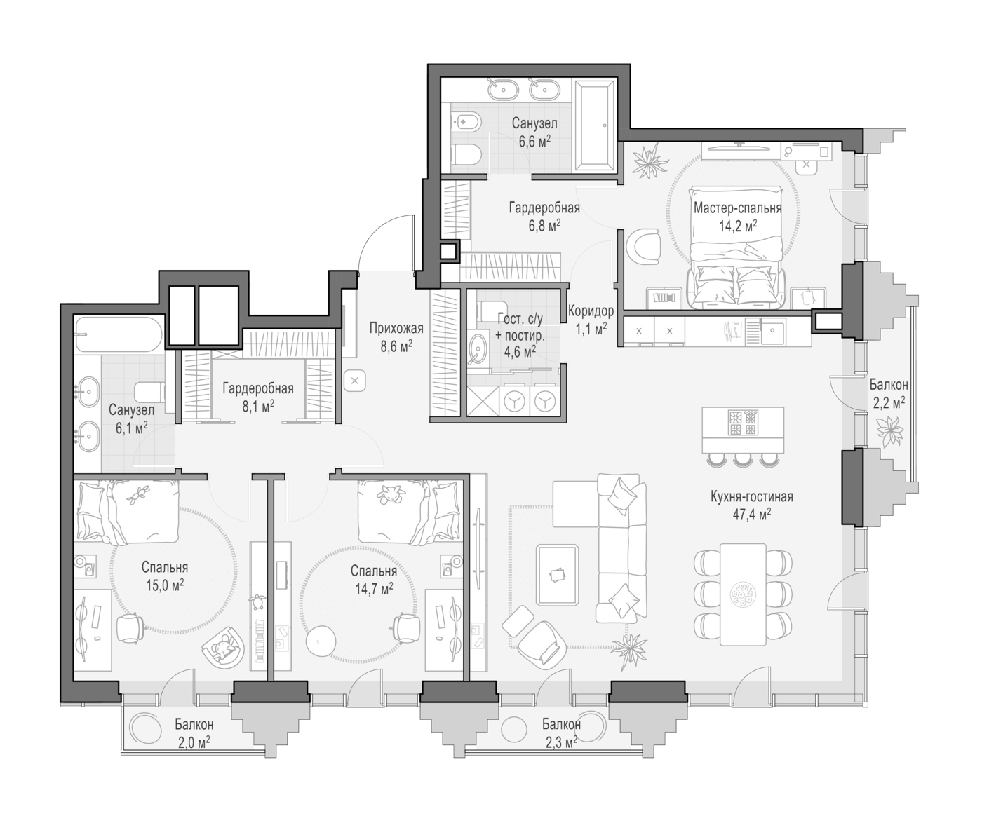 4+ комнаты, 133.65 м², 8/14 этаж, ЖК «Квартал Тишинский бульвар»