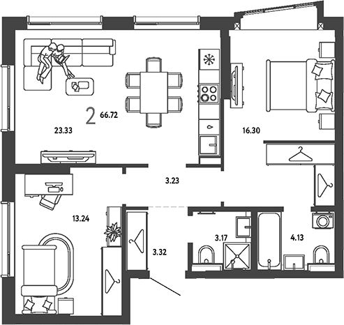 2-комн., 66.72 м², 5/19 этаж, ЖК «Страна.Парковая»
