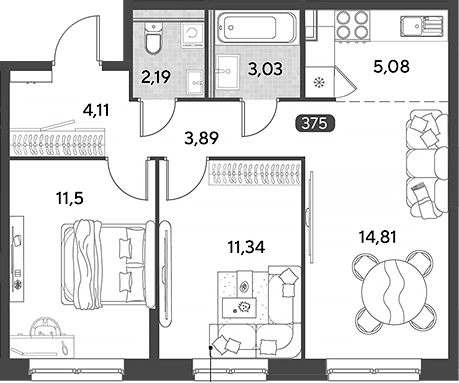 3-комн., 55.95 м², 24/25 этаж, ЖК «Космопарк»