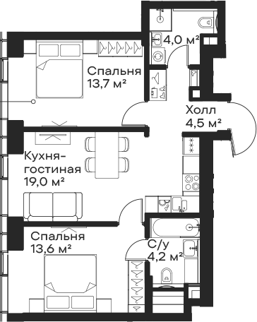 3-комн., 59 м², 6/59 этаж, ЖК «Сити Бэй»