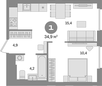 1-комн., 34.9 м², 20/30 этаж, ЖК «Квартал Герцена»