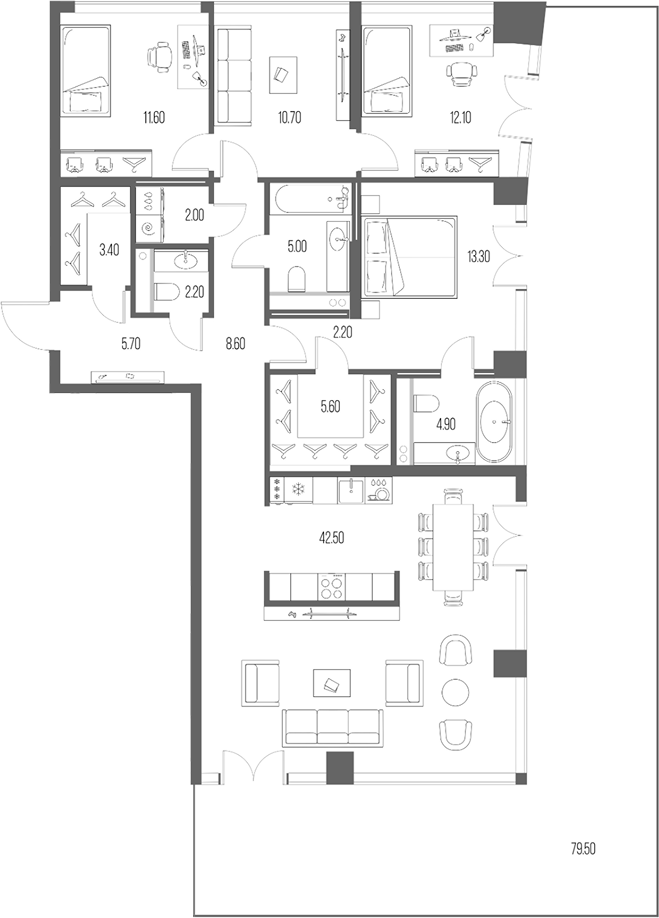 3-комн., 129.8 м², 1/24 этаж, ЖК «Северный Порт»