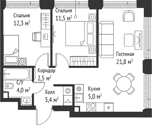 3-комн., 60.5 м², 26/52 этаж, ЖК «СЕТ»