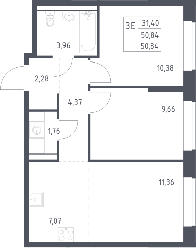 3-комн., 50.84 м², 2/17 этаж, ЖК «Пригород Лесное»