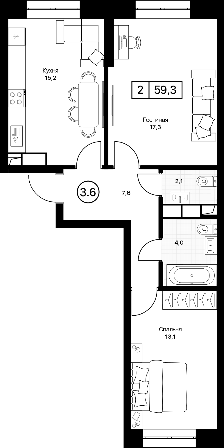 2-комн., 59.3 м², 5/17 этаж, ЖК «Пушкино Град»