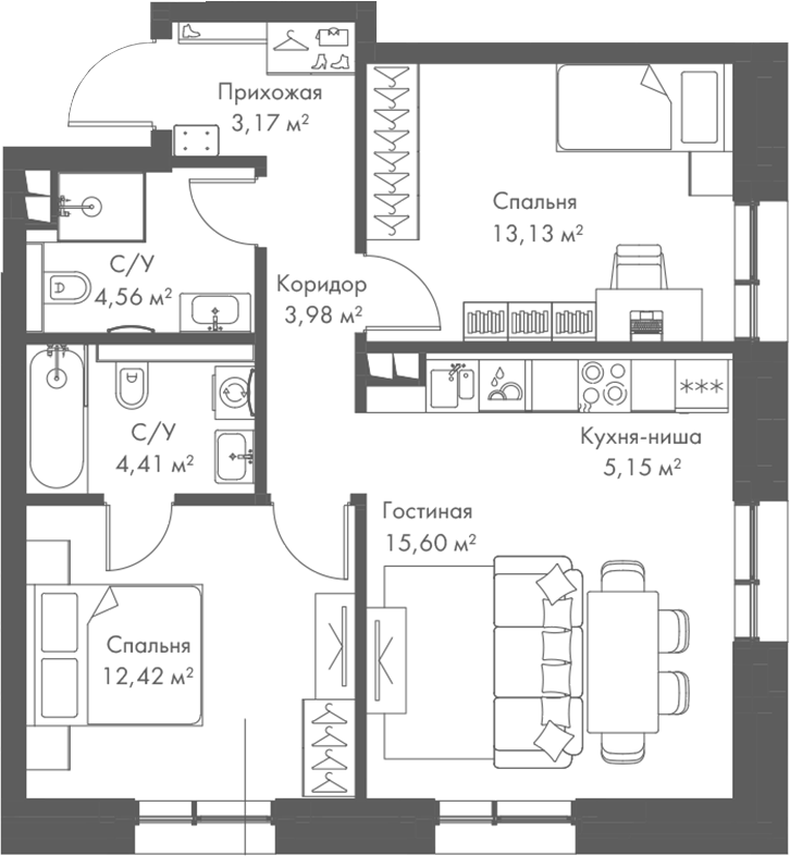 3-комн., 62.42 м², 2/23 этаж, ЖК «МИРА»