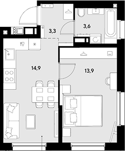 1-комн., 35.7 м², 11/18 этаж, ЖК «Грейд»