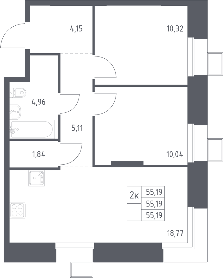 3-комн., 55.19 м², 2/23 этаж, ЖК «Тропарево Парк»