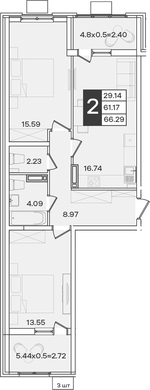 2-комн., 61.17 м², 17/18 этаж, ЖК «Сюжеты»