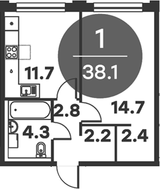 1-комн., 38.1 м², 2/6 этаж, ЖК «Равновесие»