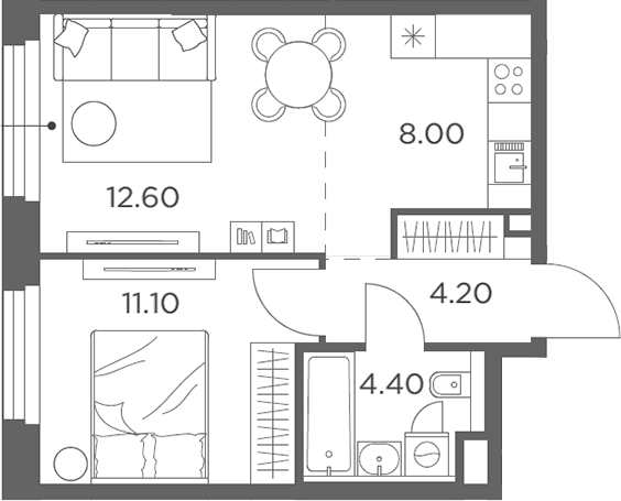 2-комн., 40.3 м², 11/20 этаж, ЖК «Белый Град»
