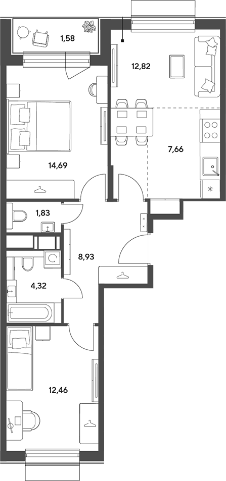 3-комн., 62.71 м², 2/15 этаж, ЖК «Публицист»